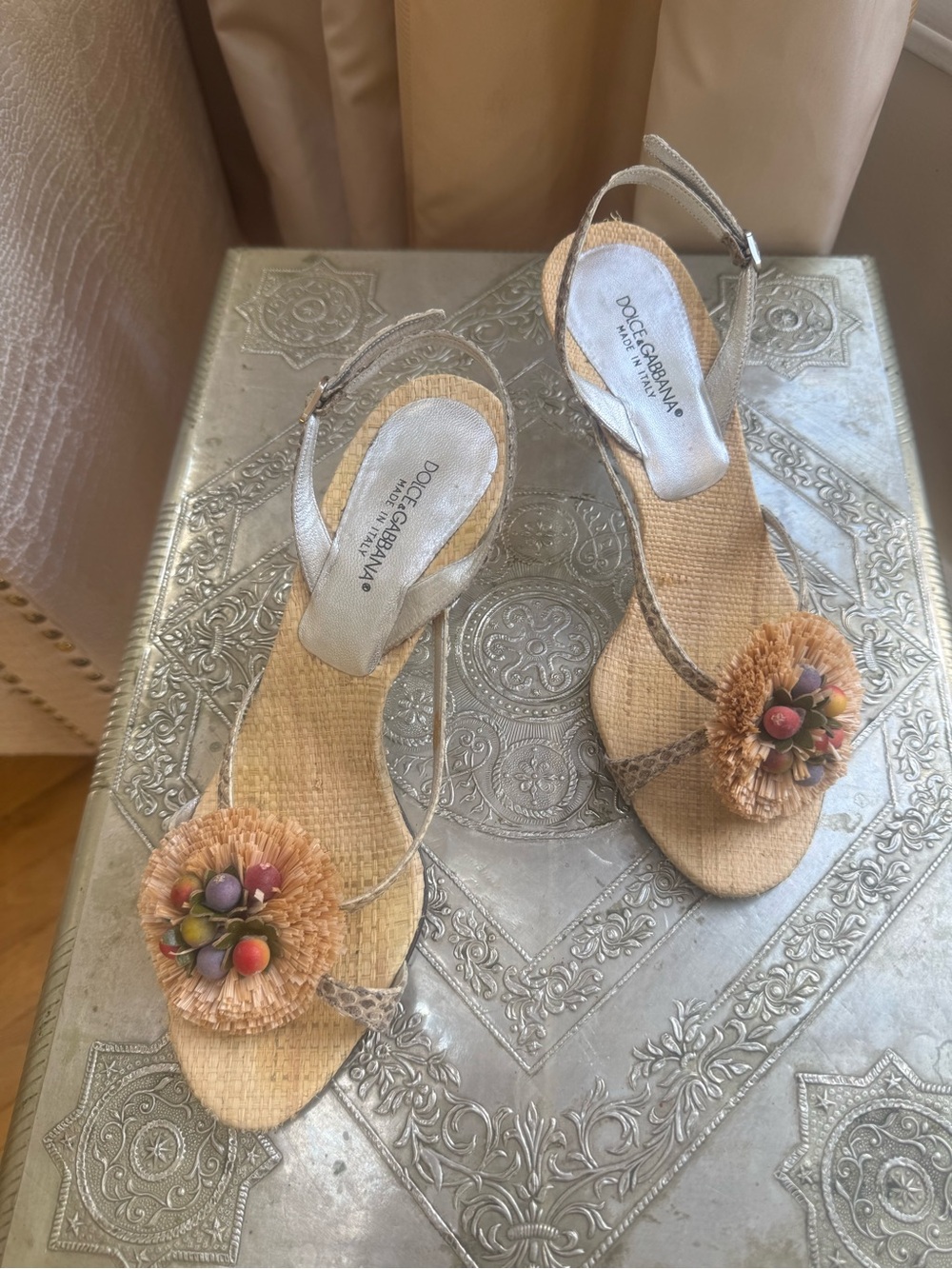 Dolce & Gabbana Beige Raffia Slingback Sandals with Floral Accent